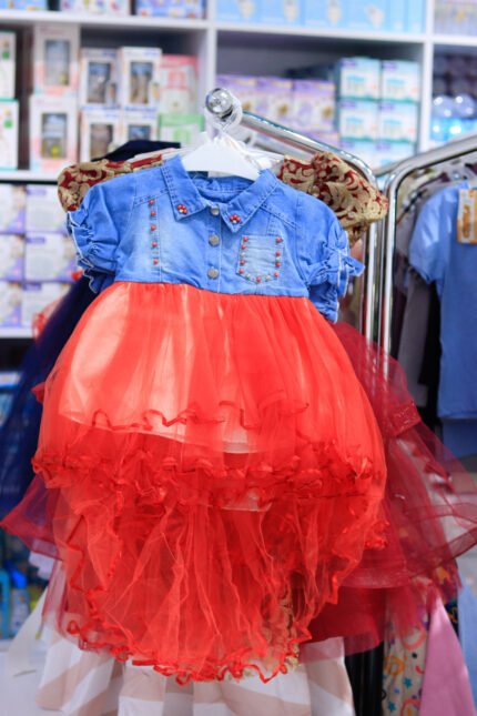 Girls’ Denim & Red Tulle Dress with Ruffle Layers