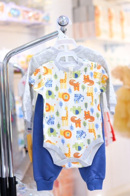 3-Piece Baby Outfit Set – Animal Print Bodysuit, Top & Pants