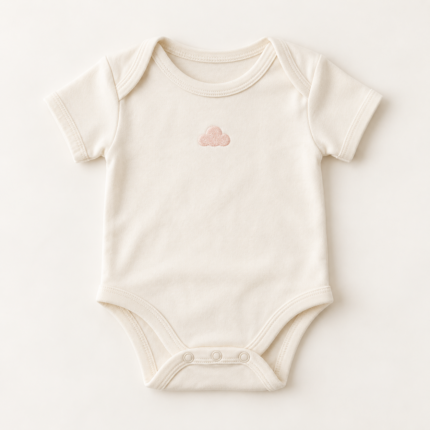 Cream short-sleeve bodysuit with blush cloud embroidery, front view