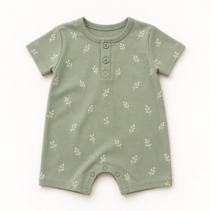 Sage-green leaf-print romper, front view